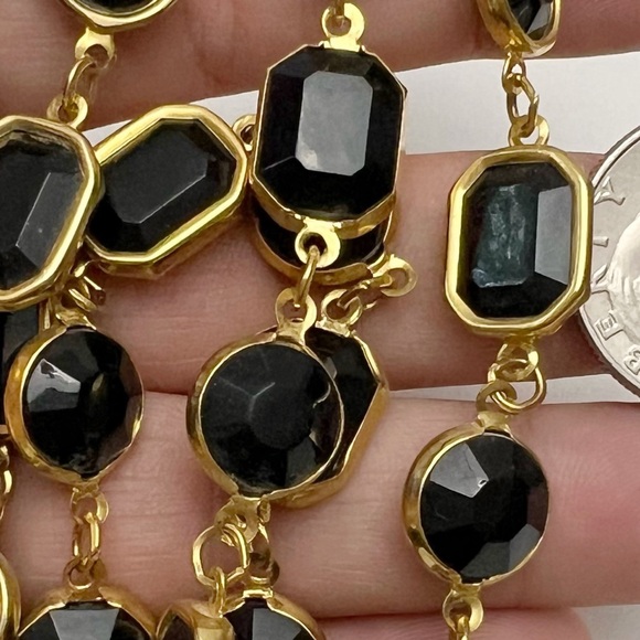 Vintage Black Bezel Set Round Rectangular Crystal Goldtone Necklace 36” - Picture 7 of 7